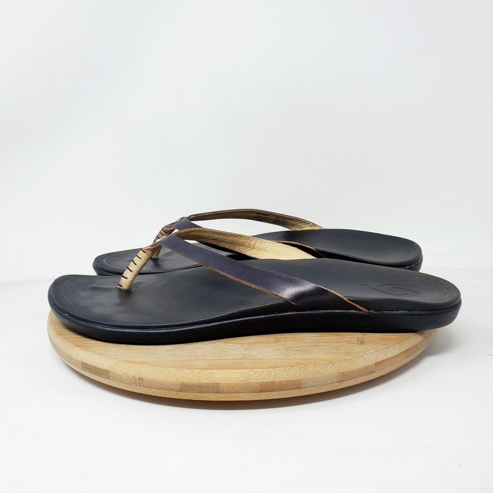 Olukai Hoopio Sandals Womens 7 Black Flip Flop Thong Pool Beach Shoes Ho'opio